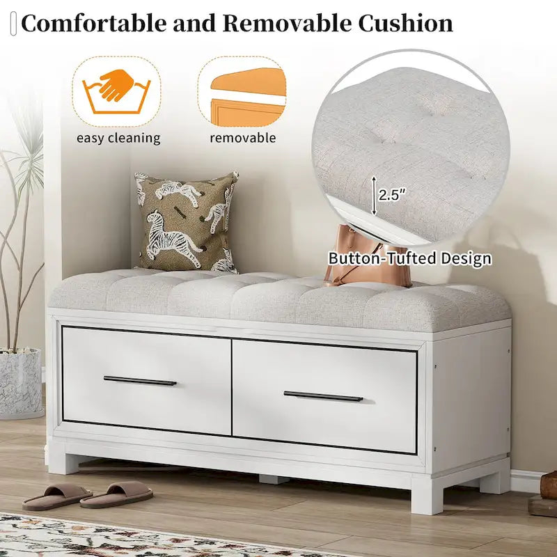 Storage Bench with Cushion - Entryway Shoe Organizer, Pine Wood, 350 LBS Capacity, Removable Cushion, Hidden Storage for Living Room Hallway