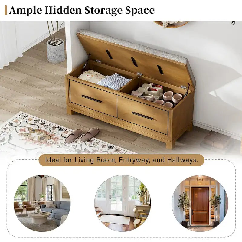 Storage Bench with Cushion - Entryway Shoe Organizer, Pine Wood, 350 LBS Capacity, Removable Cushion, Hidden Storage for Living Room Hallway
