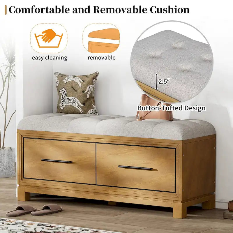 Storage Bench with Cushion - Entryway Shoe Organizer, Pine Wood, 350 LBS Capacity, Removable Cushion, Hidden Storage for Living Room Hallway