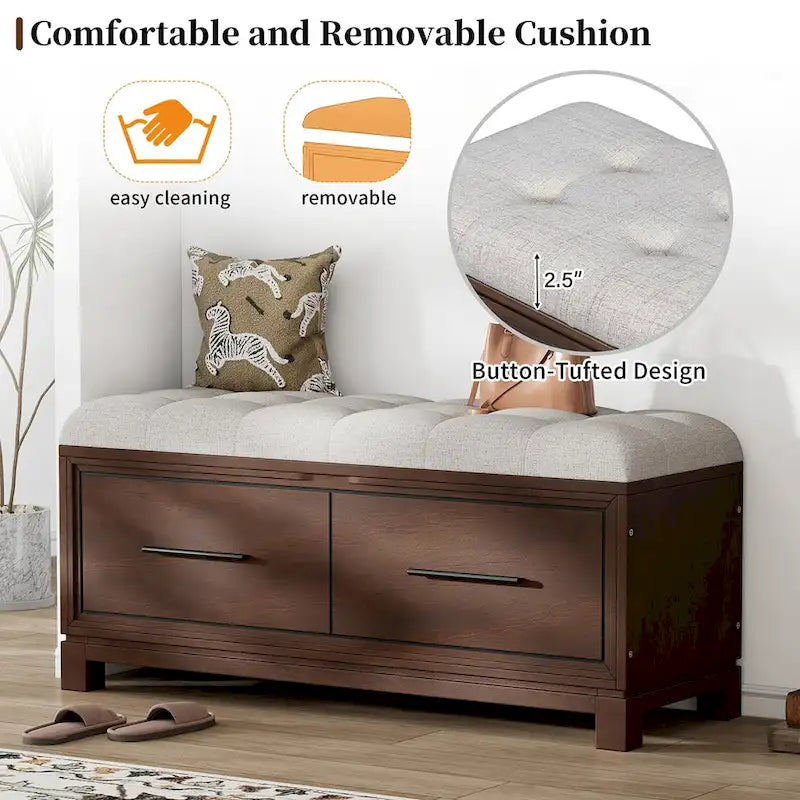 Storage Bench with Cushion - Entryway Shoe Organizer, Pine Wood, 350 LBS Capacity, Removable Cushion, Hidden Storage for Living Room Hallway