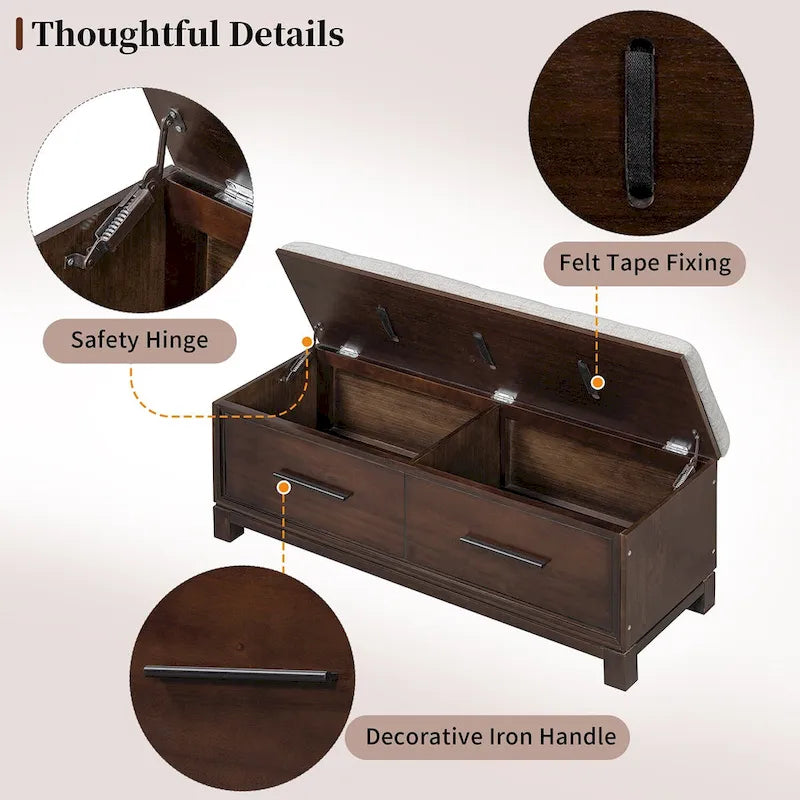 Storage Bench with Cushion - Entryway Shoe Organizer, Pine Wood, 350 LBS Capacity, Removable Cushion, Hidden Storage for Living Room Hallway