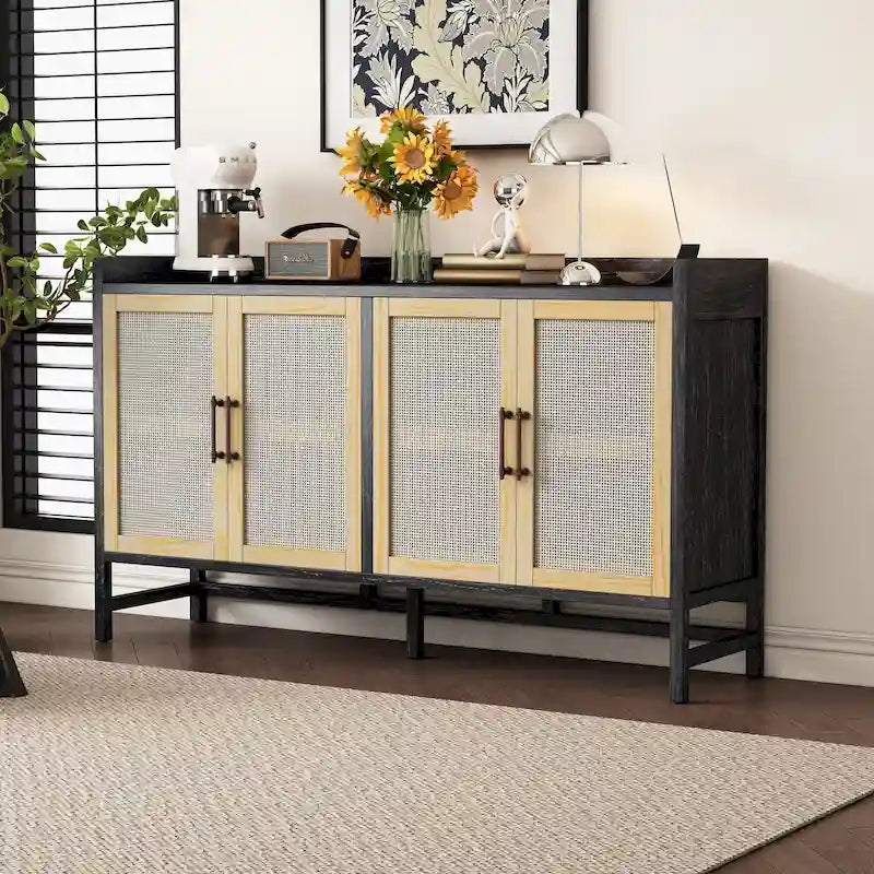 Rattan Door Sideboard Buffet Cabinet - 4 Door Storage Console with Adjustable Shelves for Dining Room Living Room - Natural Wood Finish