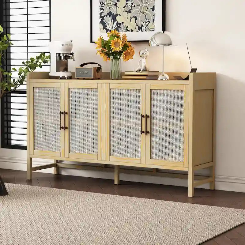 Rattan Door Sideboard Buffet Cabinet - 4 Door Storage Console with Adjustable Shelves for Dining Room Living Room - Natural Wood Finish