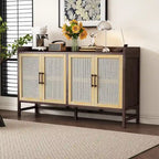 Rattan Door Sideboard Buffet Cabinet - 4 Door Storage Console with Adjustable Shelves for Dining Room Living Room - Natural Wood Finish
