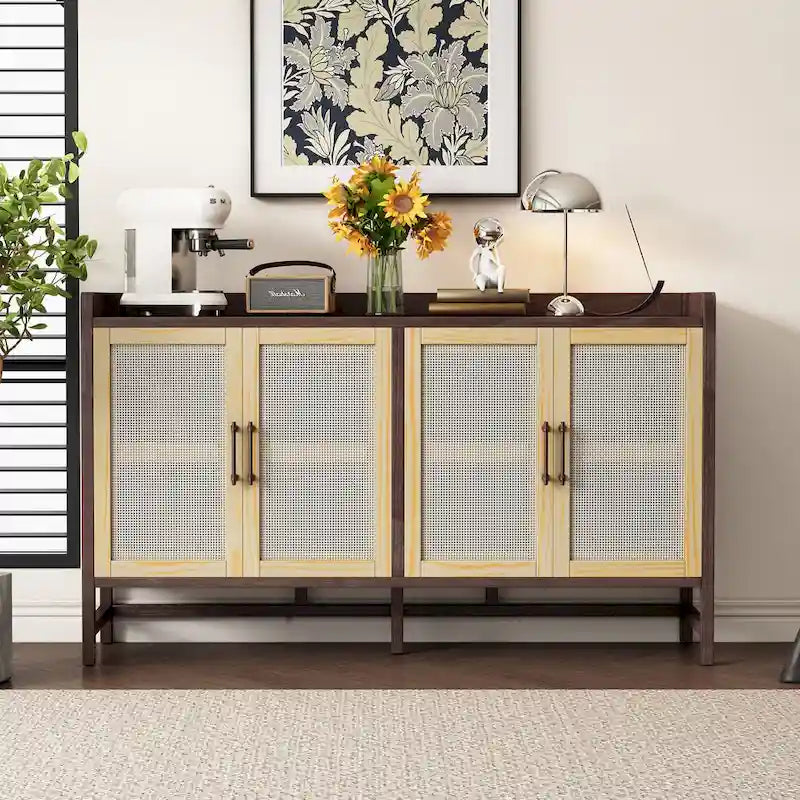 Rattan Door Sideboard Buffet Cabinet - 4 Door Storage Console with Adjustable Shelves for Dining Room Living Room - Natural Wood Finish