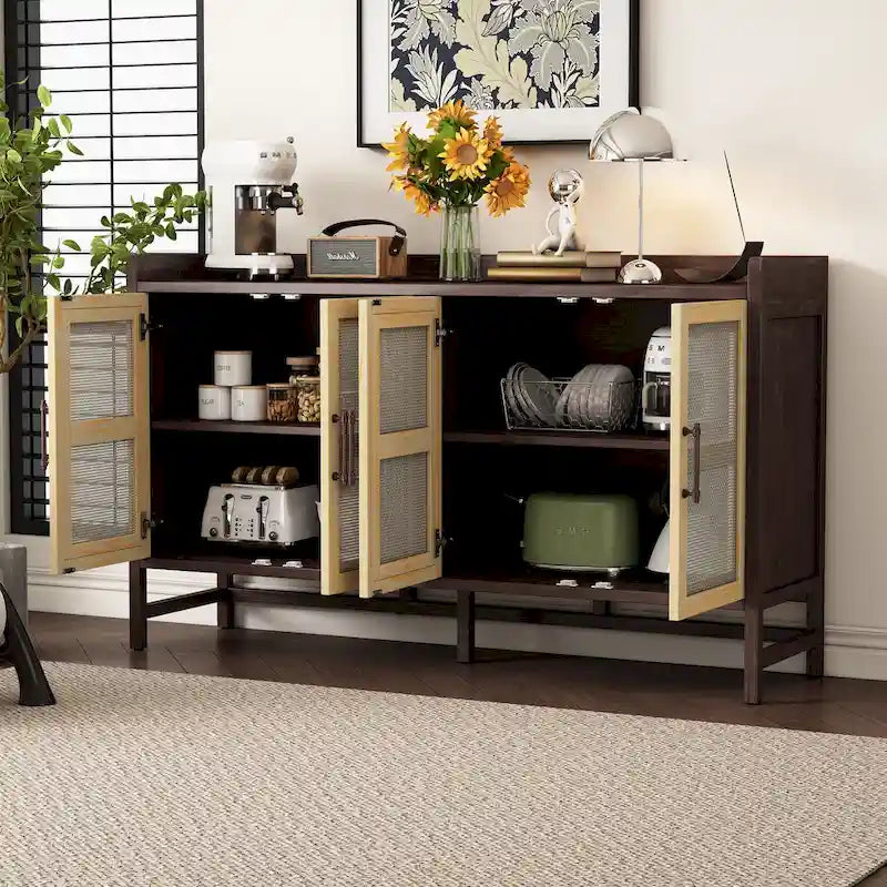 Rattan Door Sideboard Buffet Cabinet - 4 Door Storage Console with Adjustable Shelves for Dining Room Living Room - Natural Wood Finish
