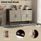Rattan Door Sideboard Buffet Cabinet - 4 Door Storage Console with Adjustable Shelves for Dining Room Living Room - Natural Wood Finish