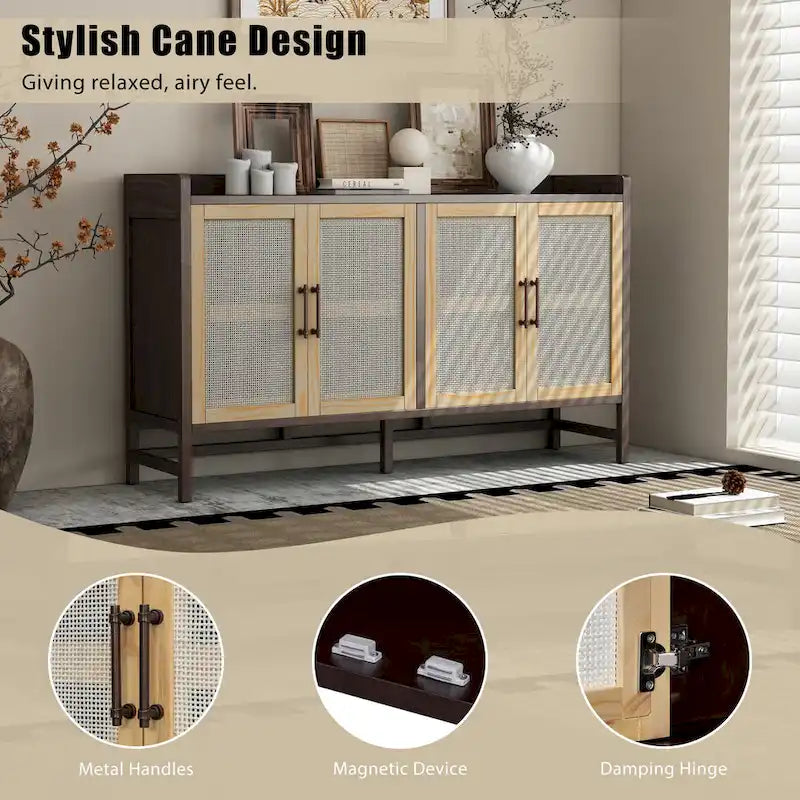 Rattan Door Sideboard Buffet Cabinet - 4 Door Storage Console with Adjustable Shelves for Dining Room Living Room - Natural Wood Finish