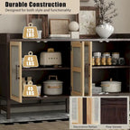 Rattan Door Sideboard Buffet Cabinet - 4 Door Storage Console with Adjustable Shelves for Dining Room Living Room - Natural Wood Finish