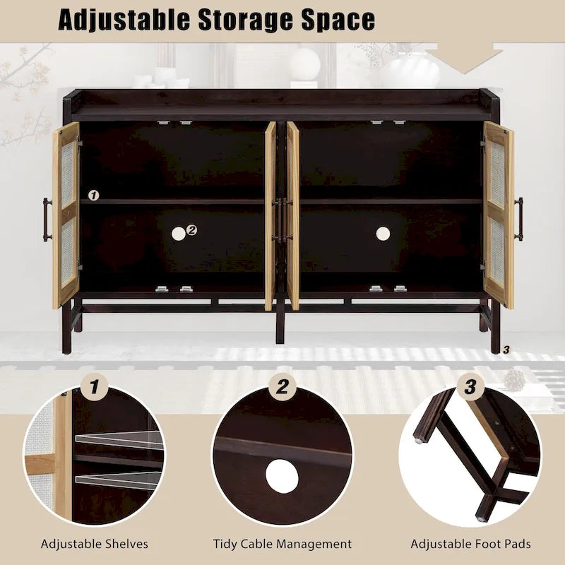 Rattan Door Sideboard Buffet Cabinet - 4 Door Storage Console with Adjustable Shelves for Dining Room Living Room - Natural Wood Finish