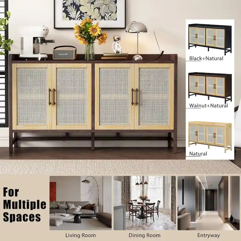 Rattan Door Sideboard Buffet Cabinet - 4 Door Storage Console with Adjustable Shelves for Dining Room Living Room - Natural Wood Finish