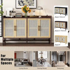 Rattan Door Sideboard Buffet Cabinet - 4 Door Storage Console with Adjustable Shelves for Dining Room Living Room - Natural Wood Finish