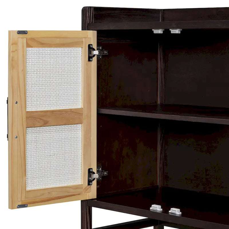 Rattan Door Sideboard Buffet Cabinet - 4 Door Storage Console with Adjustable Shelves for Dining Room Living Room - Natural Wood Finish