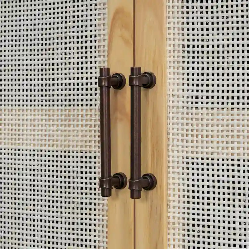 Rattan Door Sideboard Buffet Cabinet - 4 Door Storage Console with Adjustable Shelves for Dining Room Living Room - Natural Wood Finish