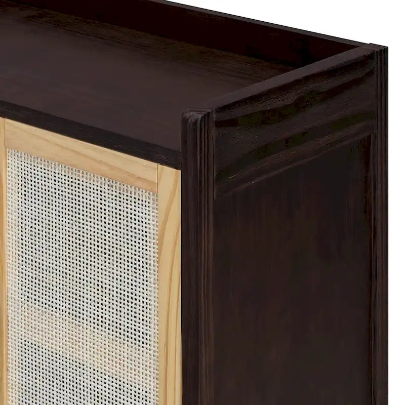 Rattan Door Sideboard Buffet Cabinet - 4 Door Storage Console with Adjustable Shelves for Dining Room Living Room - Natural Wood Finish