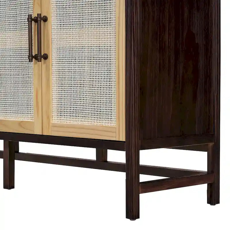 Rattan Door Sideboard Buffet Cabinet - 4 Door Storage Console with Adjustable Shelves for Dining Room Living Room - Natural Wood Finish