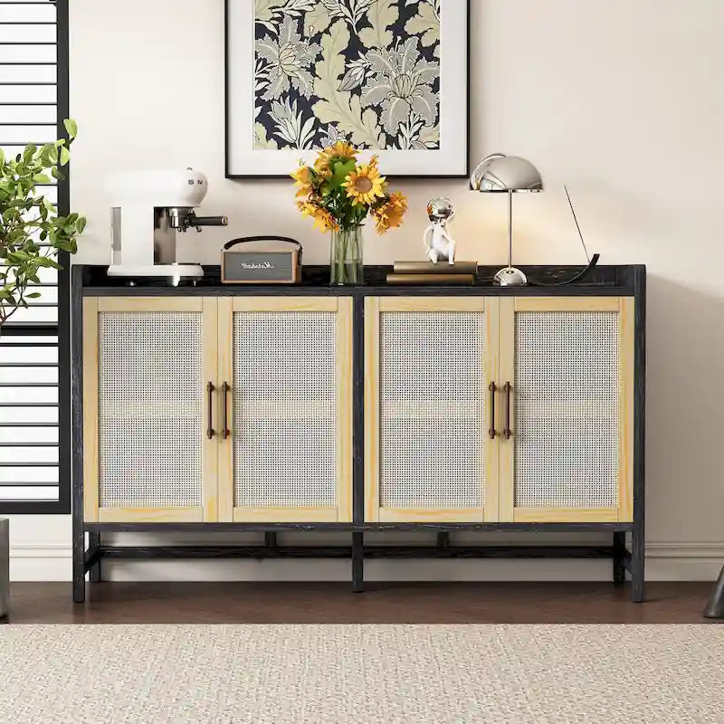 Rattan Door Sideboard Buffet Cabinet - 4 Door Storage Console with Adjustable Shelves for Dining Room Living Room - Natural Wood Finish