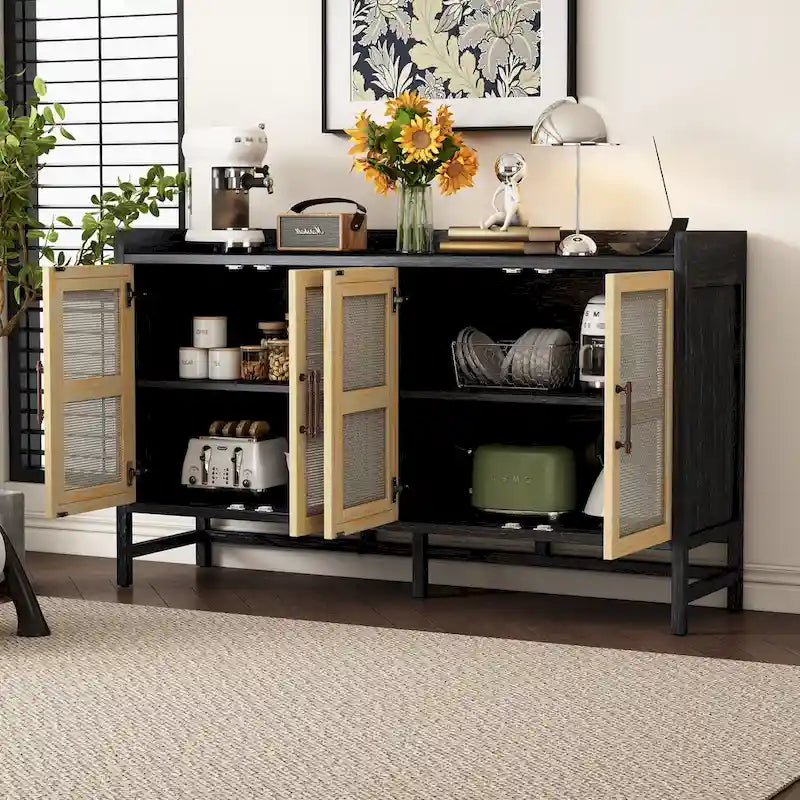 Rattan Door Sideboard Buffet Cabinet - 4 Door Storage Console with Adjustable Shelves for Dining Room Living Room - Natural Wood Finish