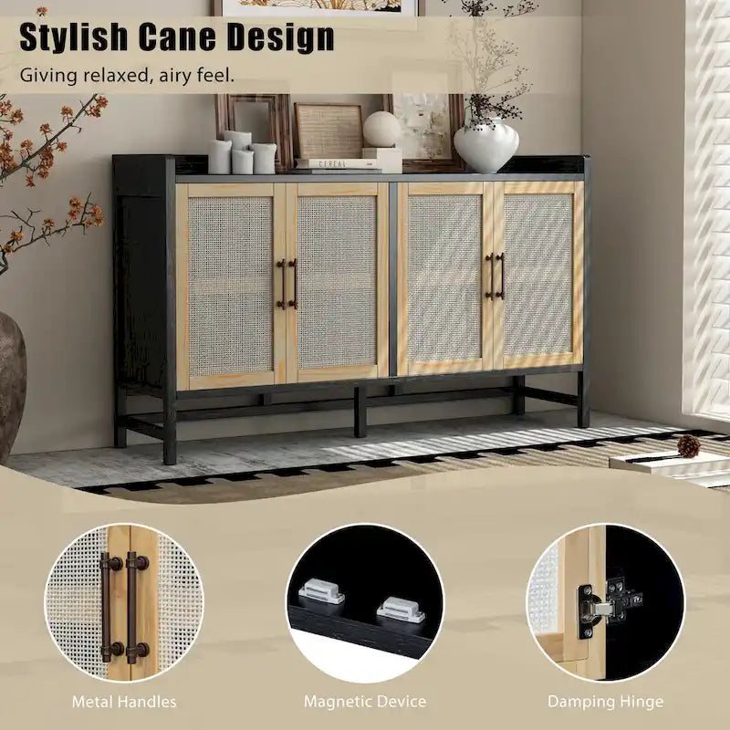 Rattan Door Sideboard Buffet Cabinet - 4 Door Storage Console with Adjustable Shelves for Dining Room Living Room - Natural Wood Finish