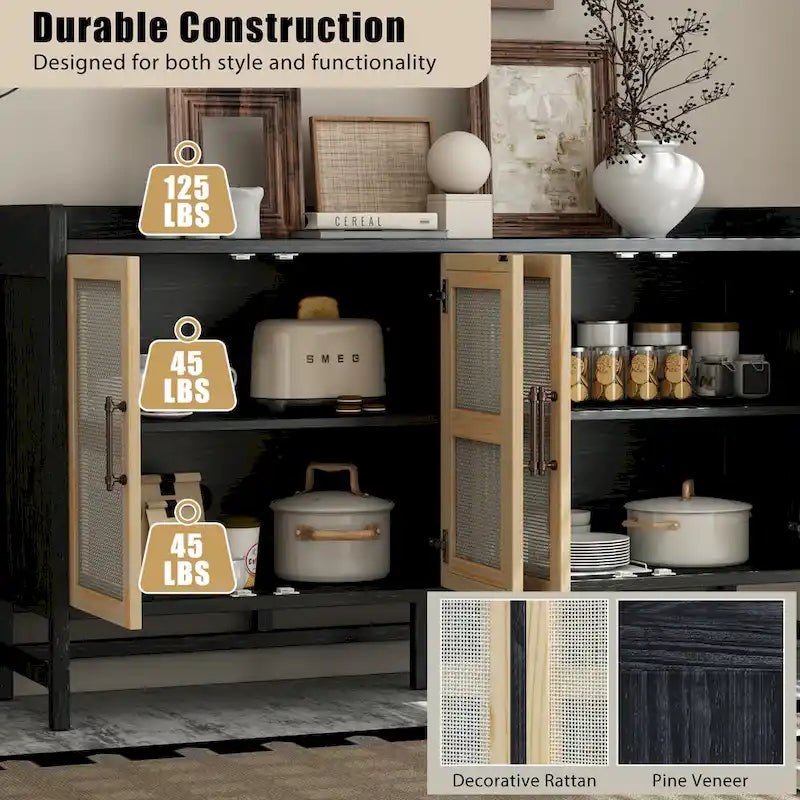 Rattan Door Sideboard Buffet Cabinet - 4 Door Storage Console with Adjustable Shelves for Dining Room Living Room - Natural Wood Finish