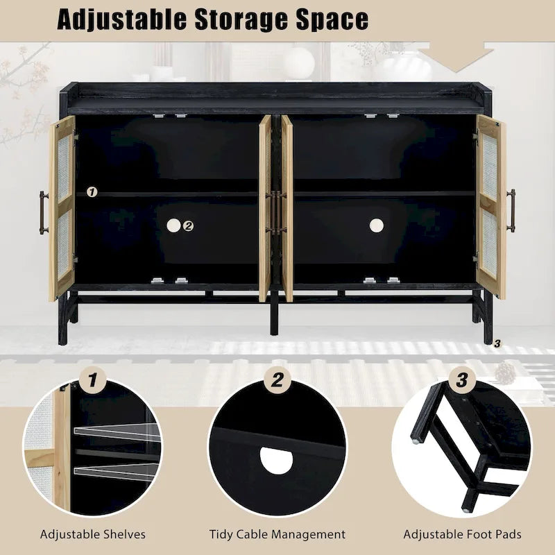 Rattan Door Sideboard Buffet Cabinet - 4 Door Storage Console with Adjustable Shelves for Dining Room Living Room - Natural Wood Finish