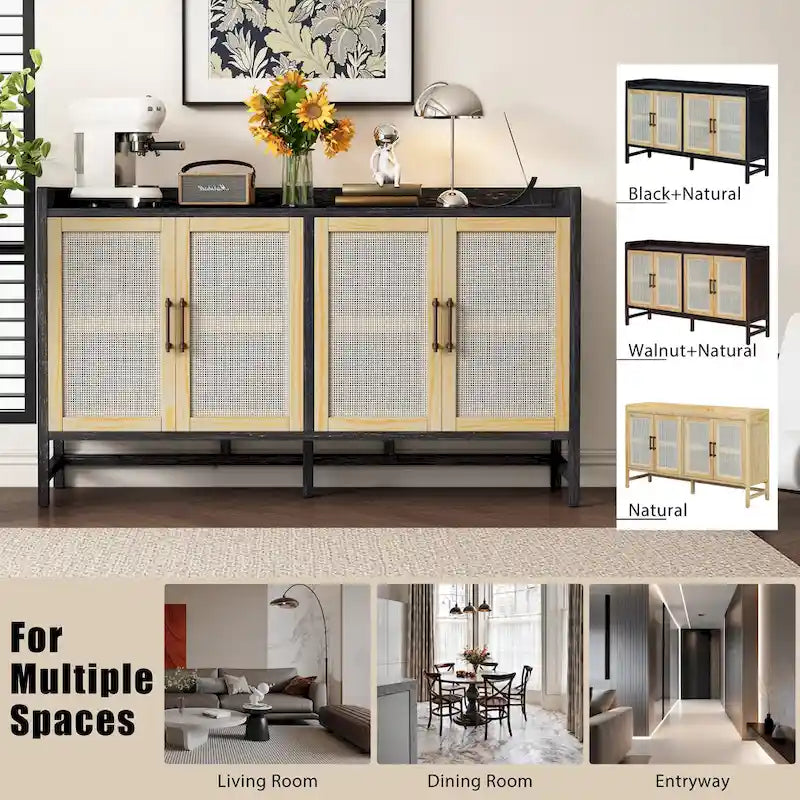 Rattan Door Sideboard Buffet Cabinet - 4 Door Storage Console with Adjustable Shelves for Dining Room Living Room - Natural Wood Finish