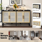 Rattan Door Sideboard Buffet Cabinet - 4 Door Storage Console with Adjustable Shelves for Dining Room Living Room - Natural Wood Finish