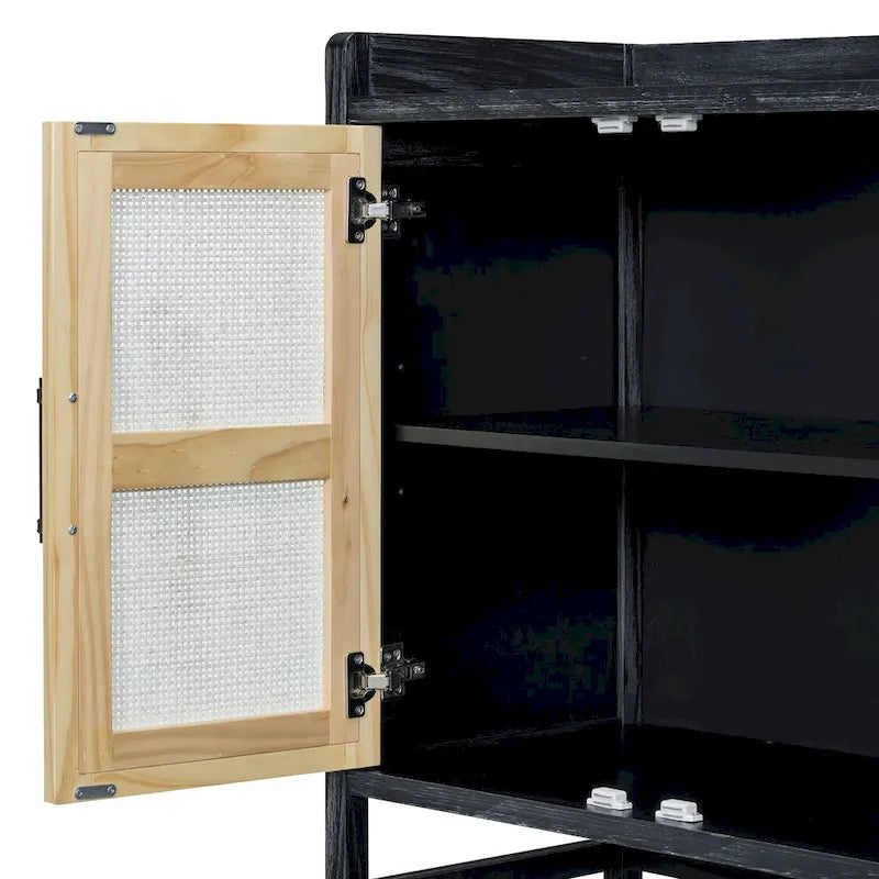 Rattan Door Sideboard Buffet Cabinet - 4 Door Storage Console with Adjustable Shelves for Dining Room Living Room - Natural Wood Finish