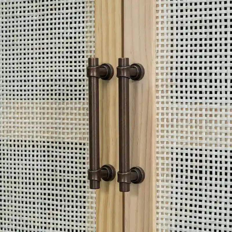 Rattan Door Sideboard Buffet Cabinet - 4 Door Storage Console with Adjustable Shelves for Dining Room Living Room - Natural Wood Finish