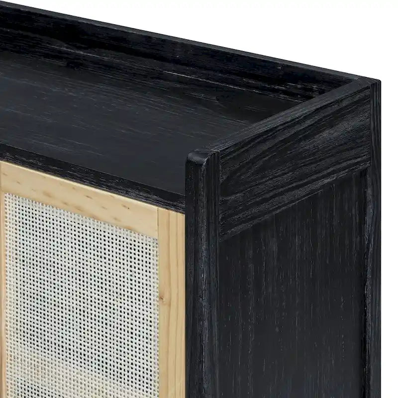 Rattan Door Sideboard Buffet Cabinet - 4 Door Storage Console with Adjustable Shelves for Dining Room Living Room - Natural Wood Finish