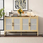 Rattan Door Sideboard Buffet Cabinet - 4 Door Storage Console with Adjustable Shelves for Dining Room Living Room - Natural Wood Finish