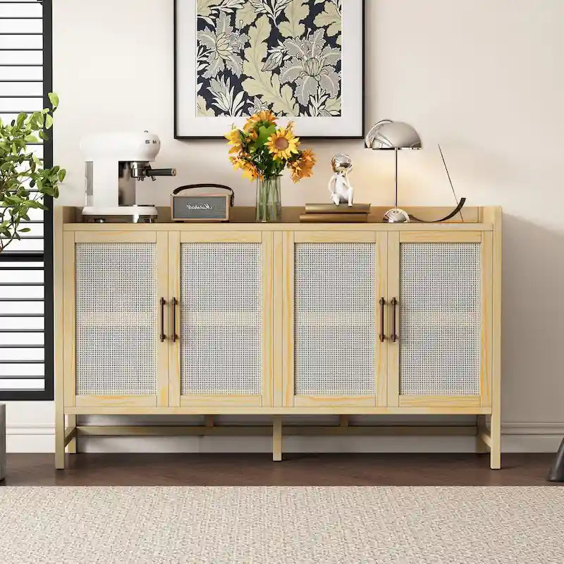 Rattan Door Sideboard Buffet Cabinet - 4 Door Storage Console with Adjustable Shelves for Dining Room Living Room - Natural Wood Finish