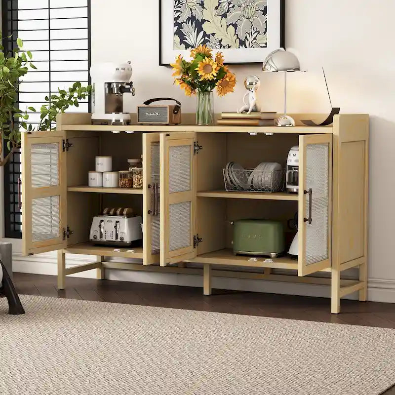Rattan Door Sideboard Buffet Cabinet - 4 Door Storage Console with Adjustable Shelves for Dining Room Living Room - Natural Wood Finish
