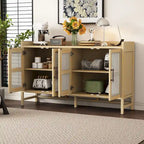 Rattan Door Sideboard Buffet Cabinet - 4 Door Storage Console with Adjustable Shelves for Dining Room Living Room - Natural Wood Finish