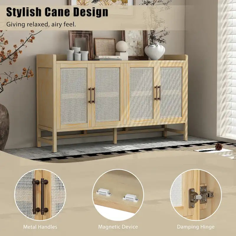 Rattan Door Sideboard Buffet Cabinet - 4 Door Storage Console with Adjustable Shelves for Dining Room Living Room - Natural Wood Finish