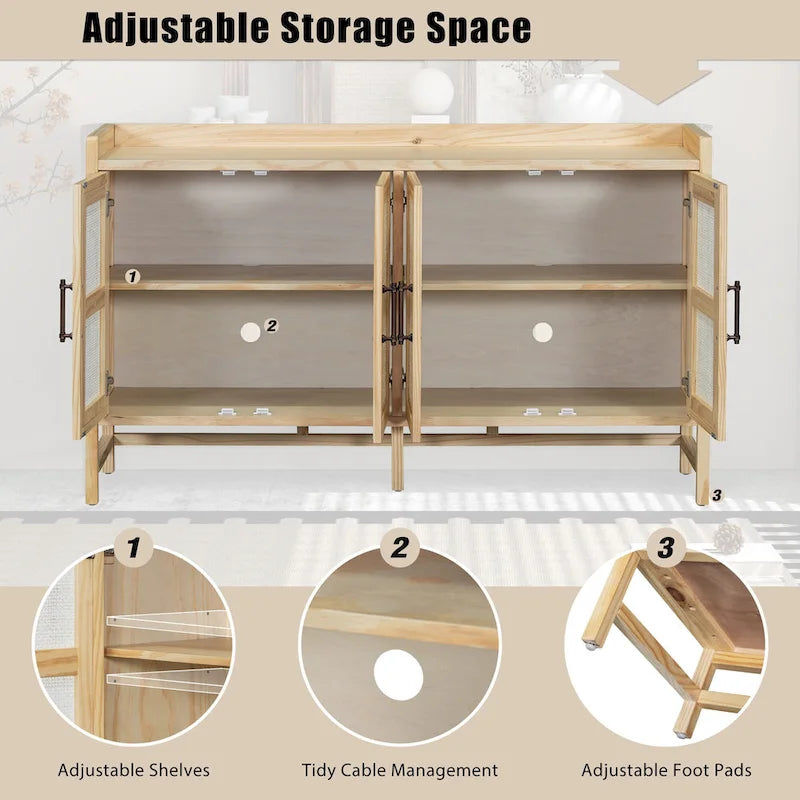 Rattan Door Sideboard Buffet Cabinet - 4 Door Storage Console with Adjustable Shelves for Dining Room Living Room - Natural Wood Finish