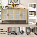 Rattan Door Sideboard Buffet Cabinet - 4 Door Storage Console with Adjustable Shelves for Dining Room Living Room - Natural Wood Finish