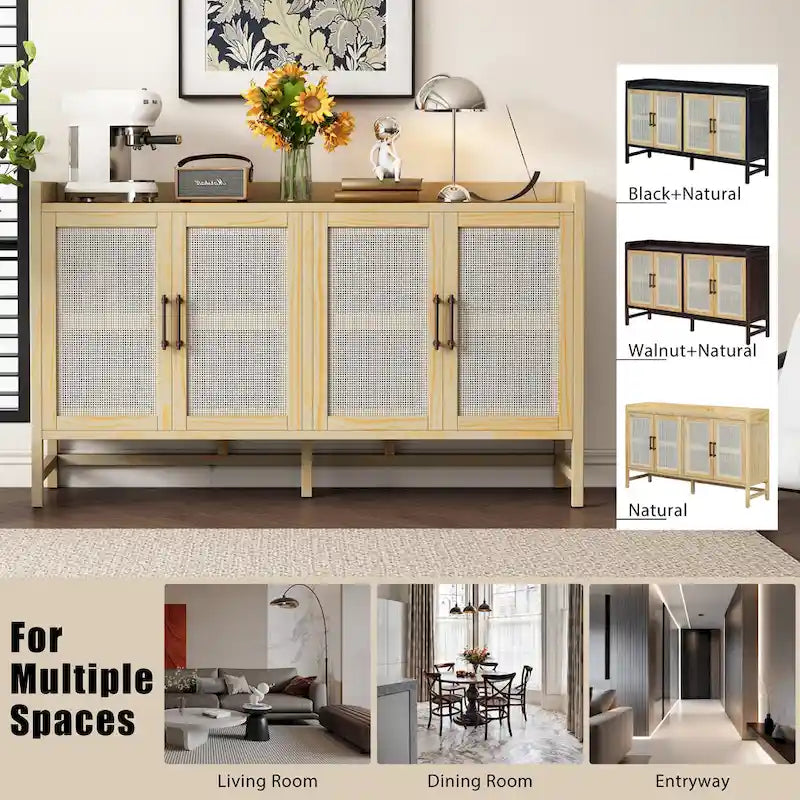 Rattan Door Sideboard Buffet Cabinet - 4 Door Storage Console with Adjustable Shelves for Dining Room Living Room - Natural Wood Finish