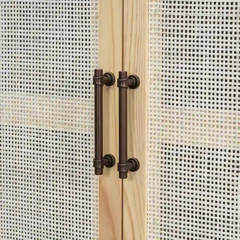 Rattan Door Sideboard Buffet Cabinet - 4 Door Storage Console with Adjustable Shelves for Dining Room Living Room - Natural Wood Finish