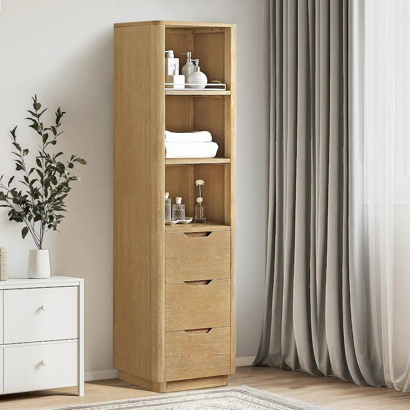 72" Solid Oak Wood Free Standing Linen Tower with 3 Soft-Close Drawers & Shelves - Natural Storage Cabinet