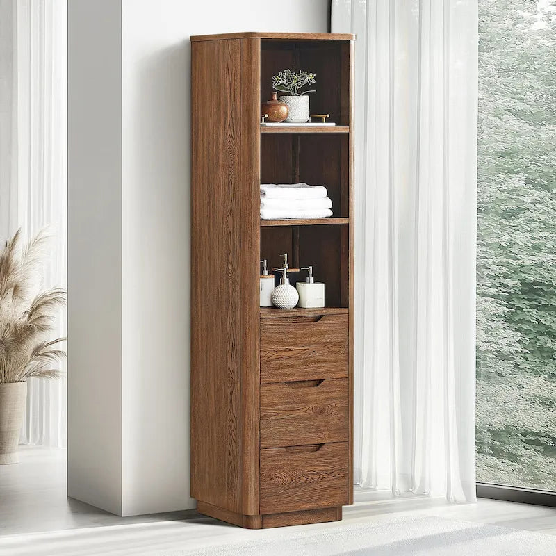 72" Solid Oak Wood Free Standing Linen Tower with 3 Soft-Close Drawers & Shelves - Natural Storage Cabinet