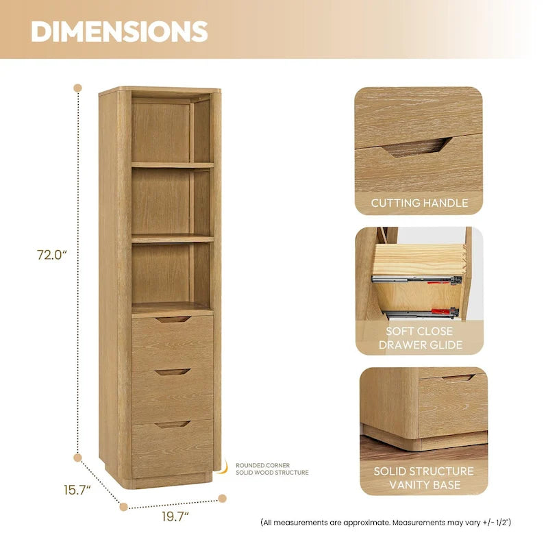 72" Solid Oak Wood Free Standing Linen Tower with 3 Soft-Close Drawers & Shelves - Natural Storage Cabinet