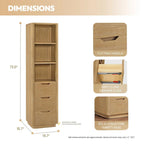 72" Solid Oak Wood Free Standing Linen Tower with 3 Soft-Close Drawers & Shelves - Natural Storage Cabinet