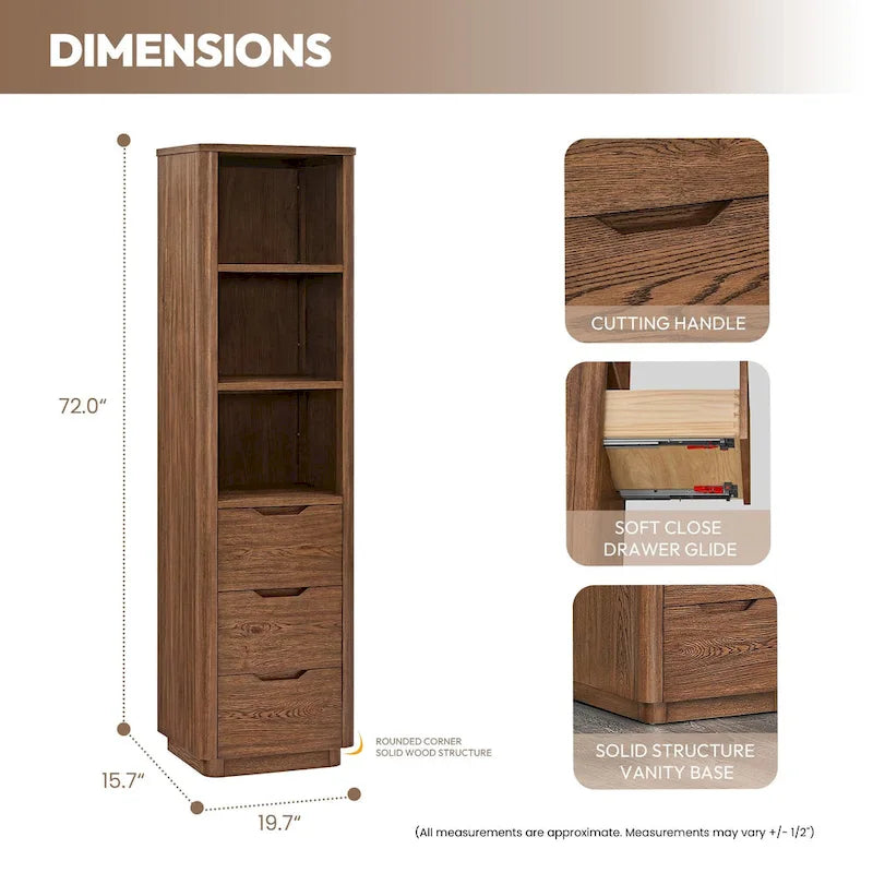 72" Solid Oak Wood Free Standing Linen Tower with 3 Soft-Close Drawers & Shelves - Natural Storage Cabinet