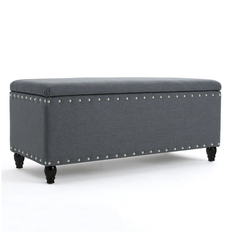 Sharon Storage Ottoman Bench, Dark Gray Fabric, Nailhead Trim, 42 Inch