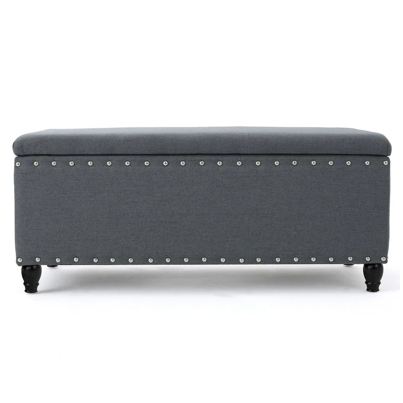 Sharon Storage Ottoman Bench, Dark Gray Fabric, Nailhead Trim, 42 Inch