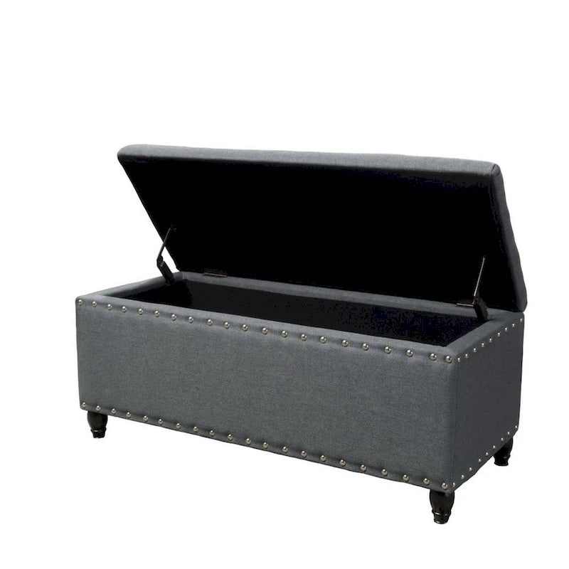 Sharon Storage Ottoman Bench, Dark Gray Fabric, Nailhead Trim, 42 Inch