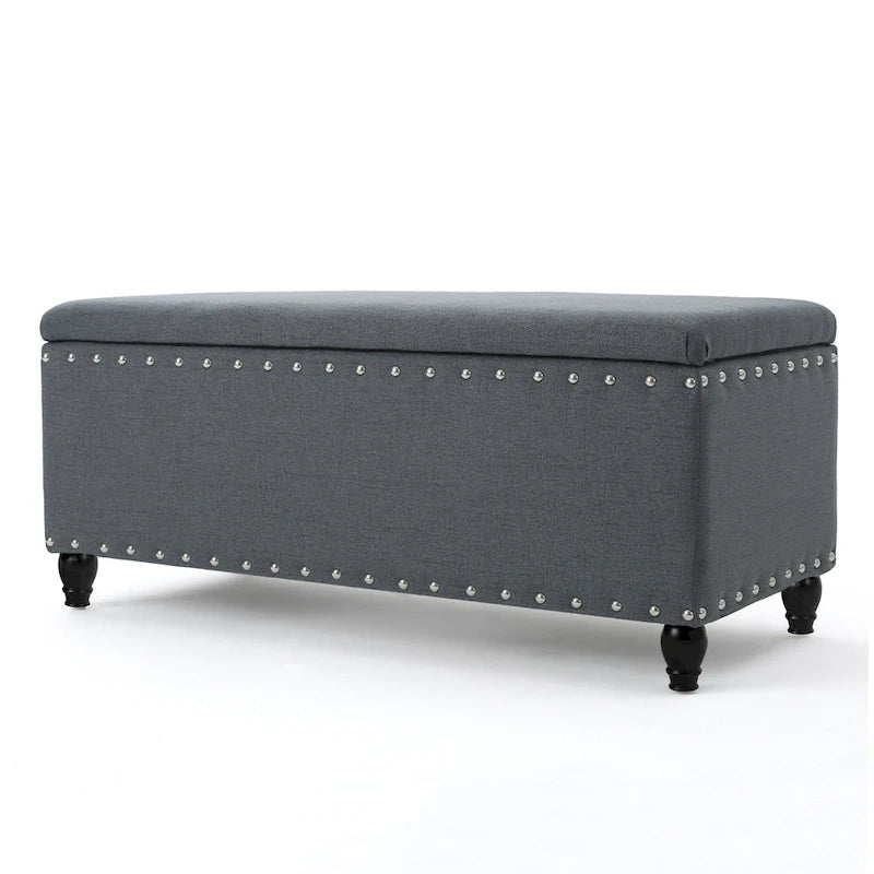 Sharon Storage Ottoman Bench, Dark Gray Fabric, Nailhead Trim, 42 Inch