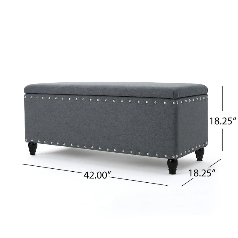 Sharon Storage Ottoman Bench, Dark Gray Fabric, Nailhead Trim, 42 Inch