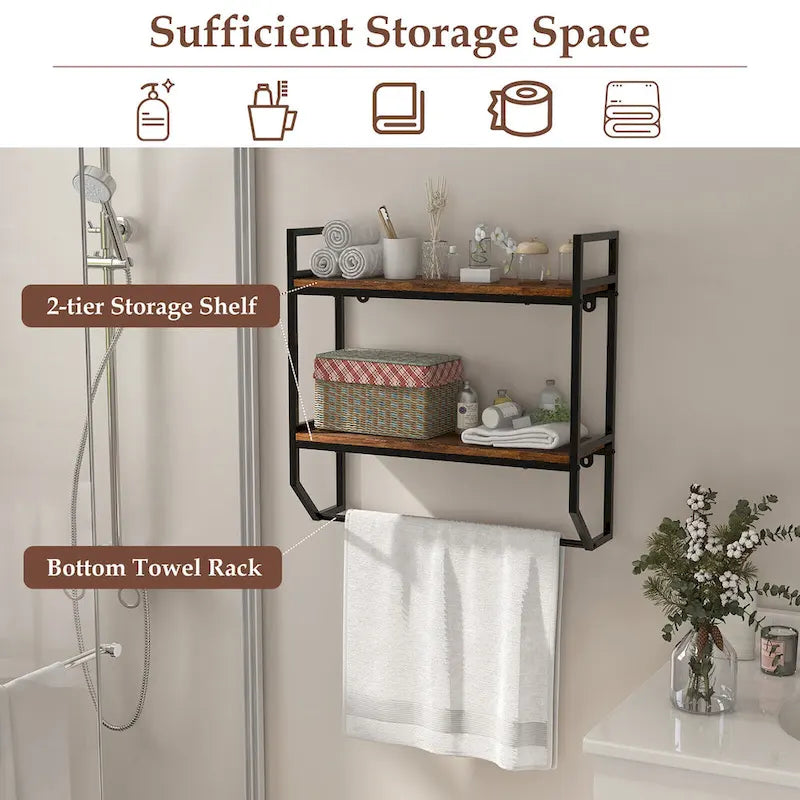 Gymax Wall Mounted Bathroom Shelf Industrial 2-Tier Storage Rack w/